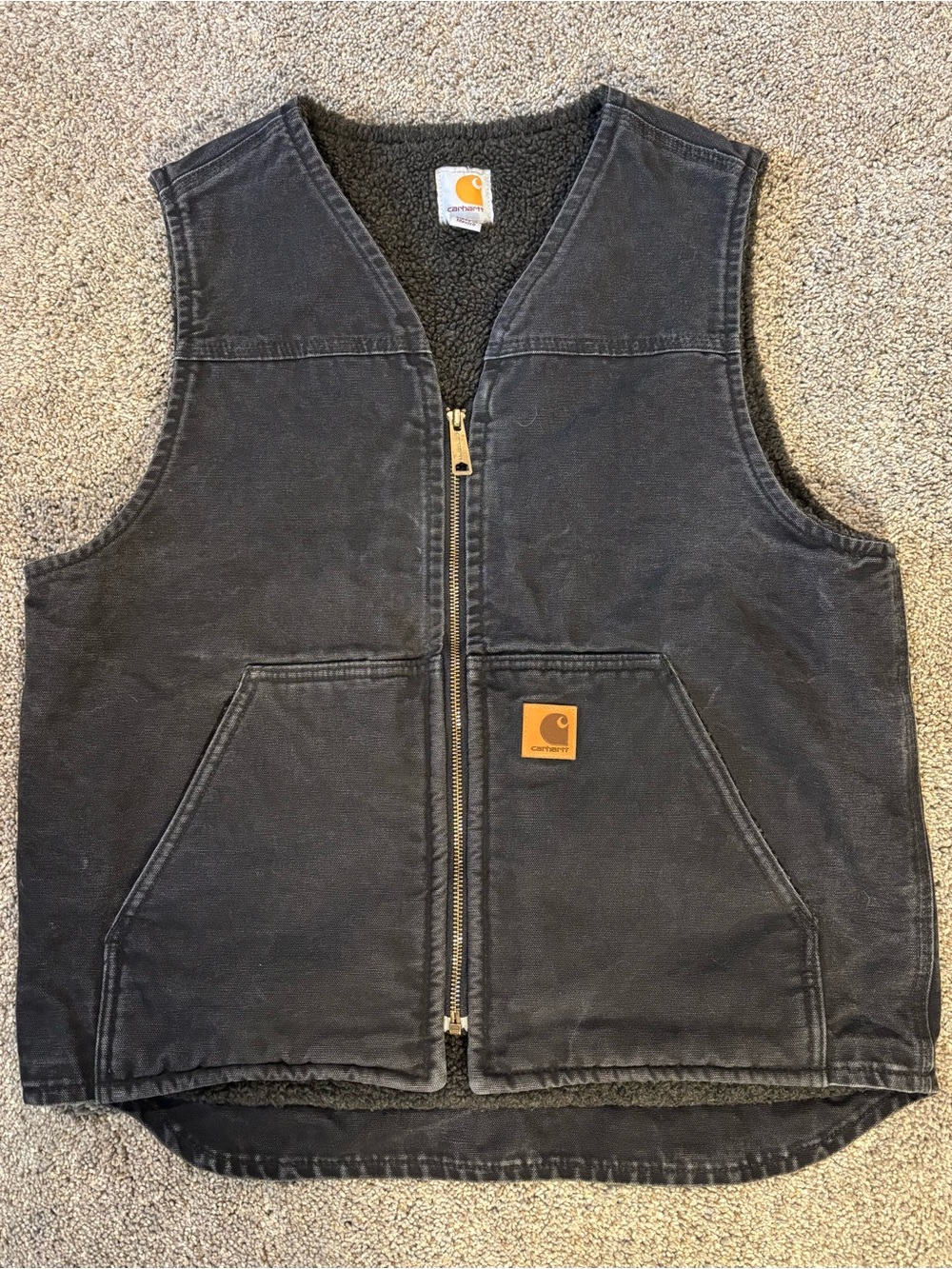 Vintage Men’s Navy Carhartt V26 BLK Sherpa-Lined Sandstone Duck Vest Faded Patch